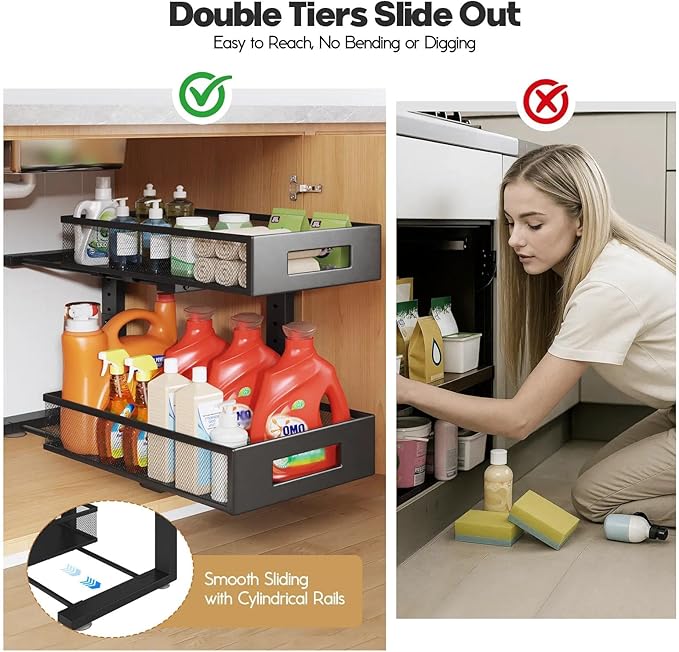 1 Pack 19IN Depth Under Sink Organizer, 2-Tier Pull Out Cabinet Organizer With Smooth Circular Rail, Large Capacity Metal Mes