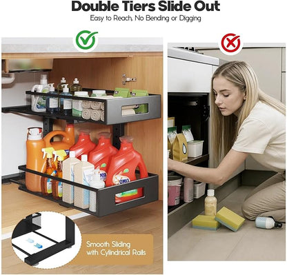 1 Pack 19IN Depth Under Sink Organizer, 2-Tier Pull Out Cabinet Organizer With Smooth Circular Rail, Large Capacity Metal Mes