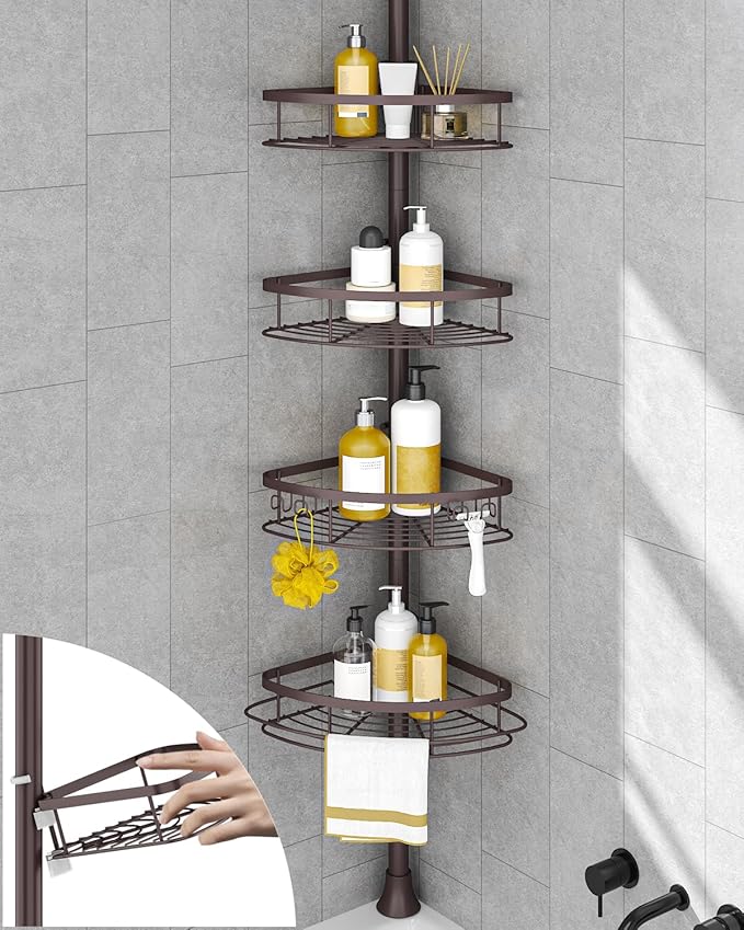 SEIRIONE Rustproof Shower Corner Caddy Organizer for Bathroom,Tension Pole with 4 Baskets, for Bathtub Storage Rack, 34 to 11