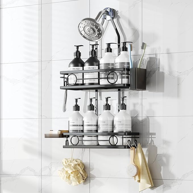 Adjustable Shower Caddy Hanging Rustproof Large-Capacity Bathroom Organizer Shower Racks with Hooks for Razor Bathroom Organi