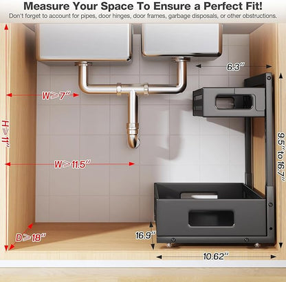 2 Pack 17IN-Depth Under Sink Organizer,Pull Out Cabinet Organizer With Smooth Cylindrical Rail,Metal Slide Out Drawer for Kit