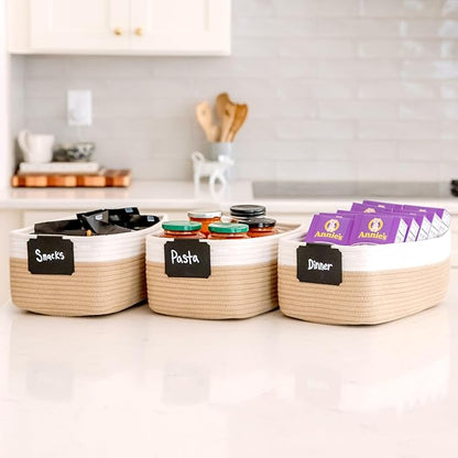 NaturalCozy 13.5”x8.5”x5.5” Storage Baskets for Shelves 3 Pack | Cotton Rope Woven Small Baskets for Organizing | Small Stora