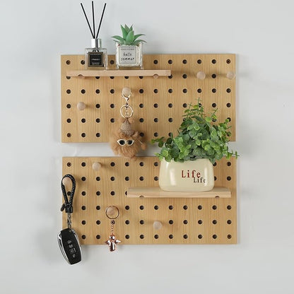 Beige Wood Pegboard Modular Display Wooden Pegboard Combination Wall Organizer Storage Wall Hooks Shelf for Home, Office, Bat