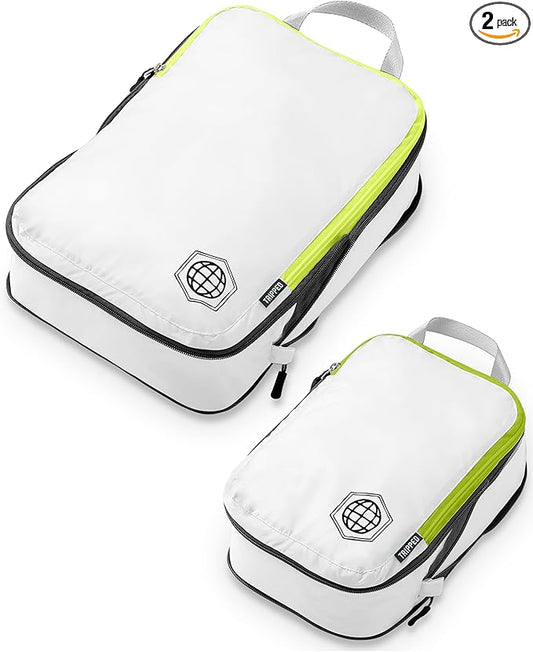 TRIPPED Compression Packing Cubes — 2-Piece Set | 1 Large (14"×10"×4") + 1 Small (10"×7"×4") | Compresses to 2" | Ripstop Nylon | Carry-On & Personal Item | White and Green