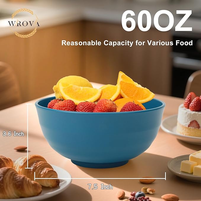 Wrova Large Cereal Bowls Set of 6, Unbreakable Wheat Straw Bowls 60oz, Microwavable Bowls for Popcorn,Soup,Dinner, Reusable Plastic Big Bowls for Picnic,Kitchen- Vibrant Series
