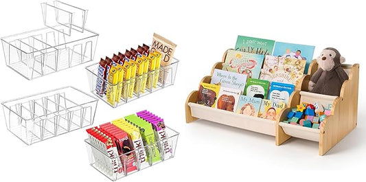 Puricon Pantry Organization and Storage Bins for Kitchen Fridge Countertop Cabinet Bundle with 4-Tier Wooden Bookshelf with S