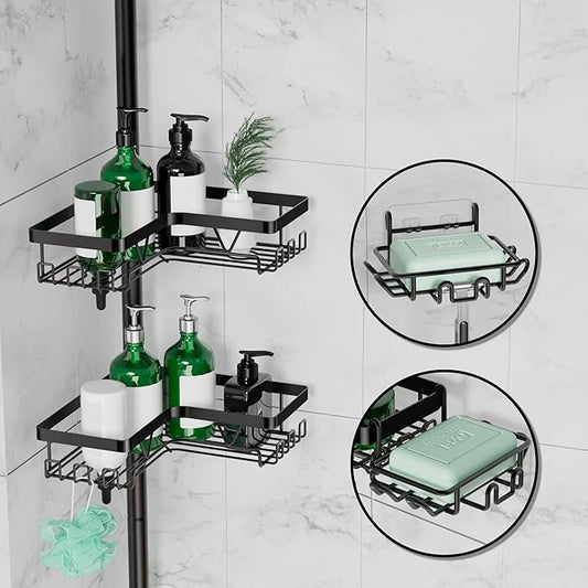 Tension Pole Shower Caddy, 4-Tier Stainless Steel Shower Organizer with 2 Removable Soap Holders, 25 to 114.2 Inches, for Bat