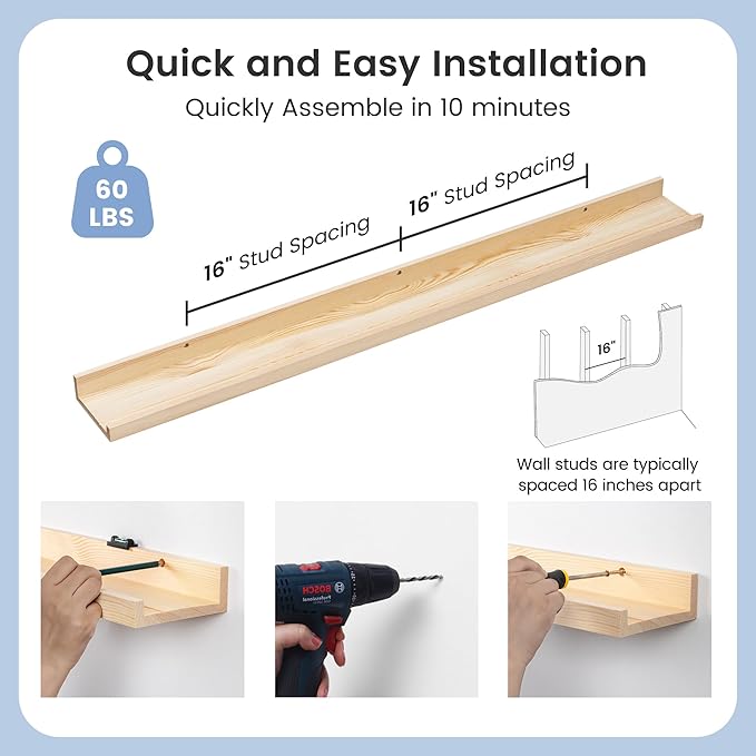 Picture Ledge Shelf for Wall, 48 inches Solid Pine Wood Nursery Book Shelves 3 Packs, Floating Ledge Shelves for Kids' Room B
