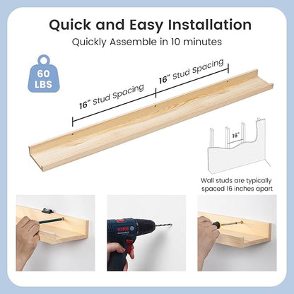 Picture Ledge Shelf for Wall, 48 inches Solid Pine Wood Nursery Book Shelves 3 Packs, Floating Ledge Shelves for Kids' Room B