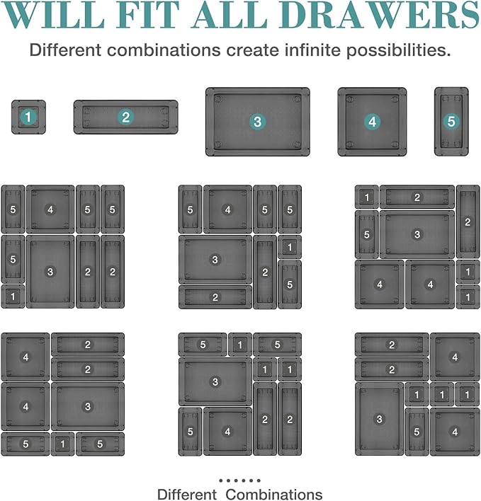 StorMiracle 13 PCS Drawer Organizer Set, 5 Varied Size Bathroom and kitchen Drawer cabinet organizer Trays, Clear Storage Bin