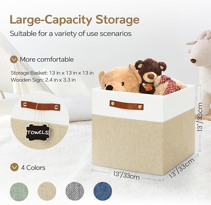 13x13 Storage Cubes 6-Pack, Large Foldable Fabric Cube Storage Bin with Reinforced Bottom and Labels, Organizer Baskets for S