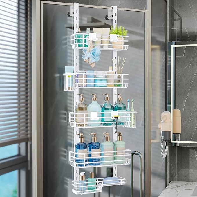 Consumest Over The Door Shower Caddy - 5 Tier Adjustable Shower Organizer Hanging with 2 Toothbrush Holders & 4 Hooks, Rustpr