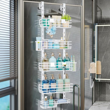 Consumest Over The Door Shower Caddy - 5 Tier Adjustable Shower Organizer Hanging with 2 Toothbrush Holders & 4 Hooks, Rustpr