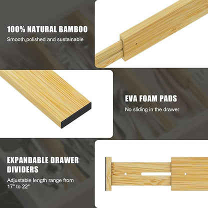 Bamboo Drawer Dividers,17-22" Adjustable Kitchen Drawer Organizer for Clothes,6 Pack Expandable Drawer Organization Separator