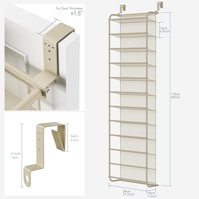 Whitmor 36 Pair Over The Door Shoe Organizer, 12 Tier Hanging Shoe Organizer, Heavy Duty Metal & Mesh Shoe Holder, Hanging Sh