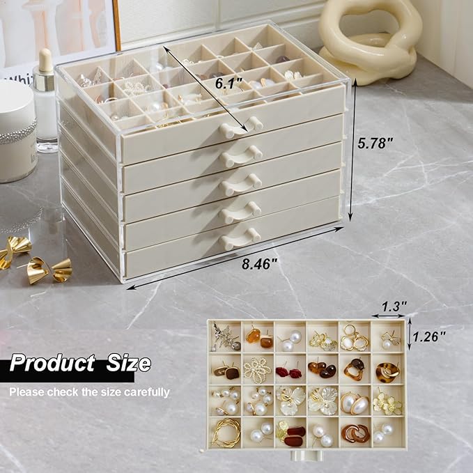 YUFONG Earring Storage Box Organizer, Acrylic Jewelry Storage Box Holder 5 Drawers Transparent Jewelry Display Stand with 120