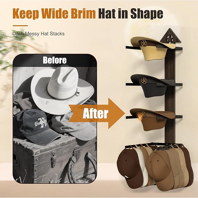 Cowboy Hat Rack -Cowboy hat holder for wall With Heavy- Organize and Display Your Hats with Ease, Wall Mounted Hat Hanger Wes