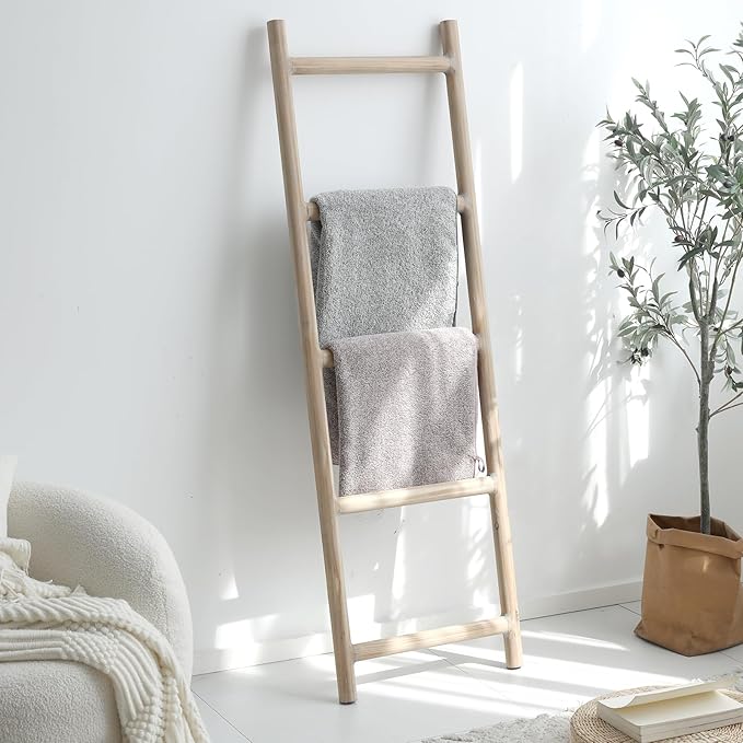 FUIN Fully Assembled 5ft Wood Blanket Ladder Living Room Decorative Wall Leaning Farmhouse Quilt Display Holder Rustic Wooden