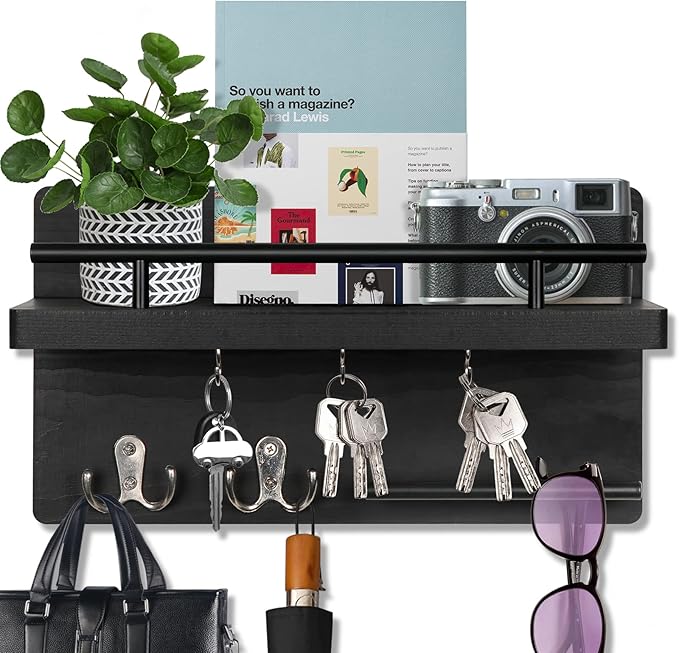 OurWarm Key Holder for Wall Decorative with 5 Key Hooks, Wall Mounted Key Hangers for Wall with Mail Key Rack, Wooden Mail Or