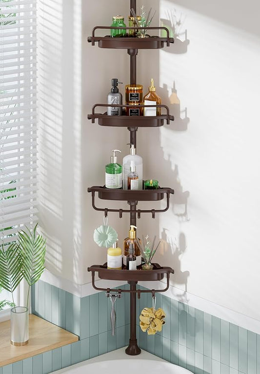 Corner Shower Caddy Tension Pole Brown Shower Caddy 18/8 Stainless Steel Rustproof 4 Tier Adjustable Shower Organizer Bathroo