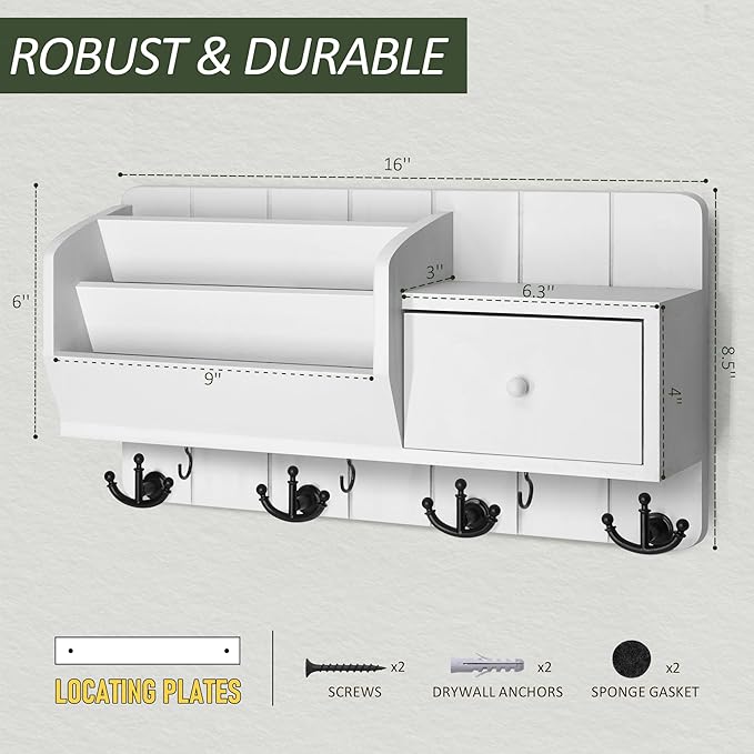 Rebee Vision Key Holder Wall Mount and Mail Organizer : Farmhouse Key and Mail Holder for Wall with Drawer and 7 Key Hooks - 