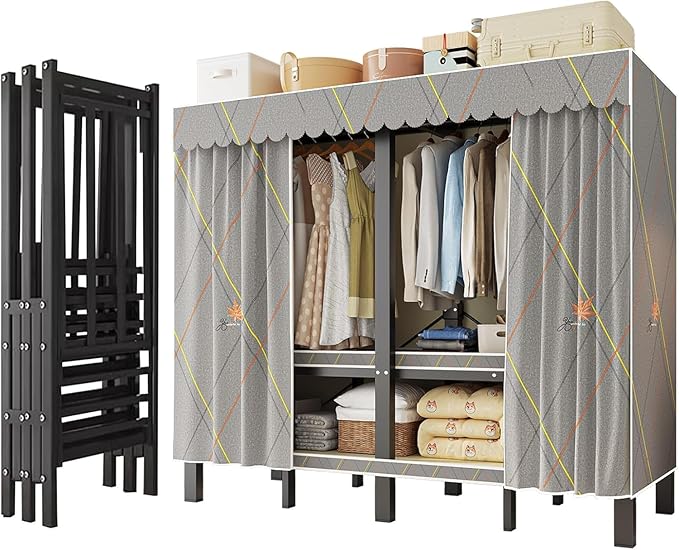 Heavy Duty Clothes Rack with Cover, Portable Wardrobe Closet with Magnetic Door & Black Steel Frame, Foldable Freestanding Ga