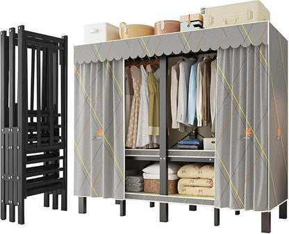 Heavy Duty Clothes Rack with Cover, Portable Wardrobe Closet with Magnetic Door & Black Steel Frame, Foldable Freestanding Ga