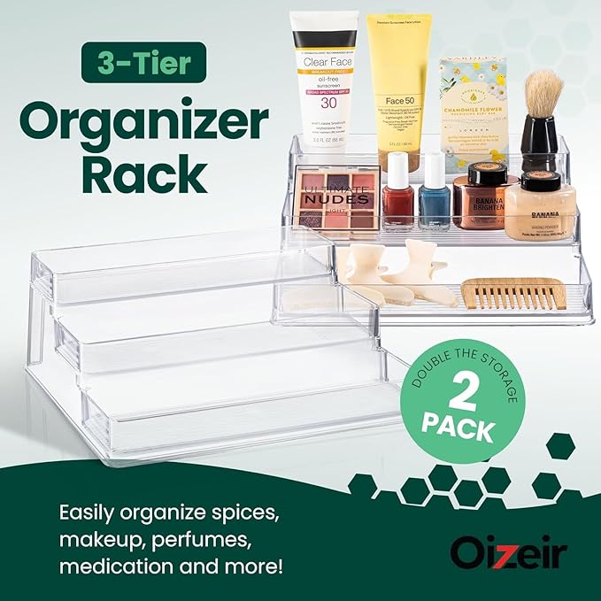 Oizeir Clear Spice Rack (2-Pack) – 3-Tier Acrylic Organizer for Cabinet – Deep Spice Shelf – 10.4 x 9.6 x 4 Inches – Holds Se