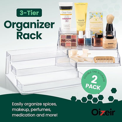 Oizeir Clear Spice Rack (2-Pack) – 3-Tier Acrylic Organizer for Cabinet – Deep Spice Shelf – 10.4 x 9.6 x 4 Inches – Holds Se