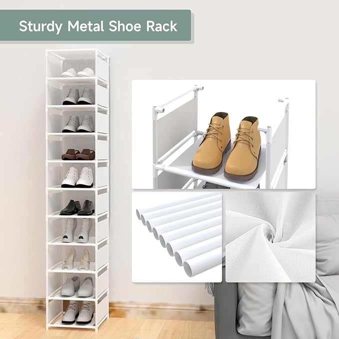 10 Tier Vertical Shoe Rack - White Narrow Shoe Rack for Closet & Entryway, Space Saving Tall Shoe Organizer for Small Spaces,