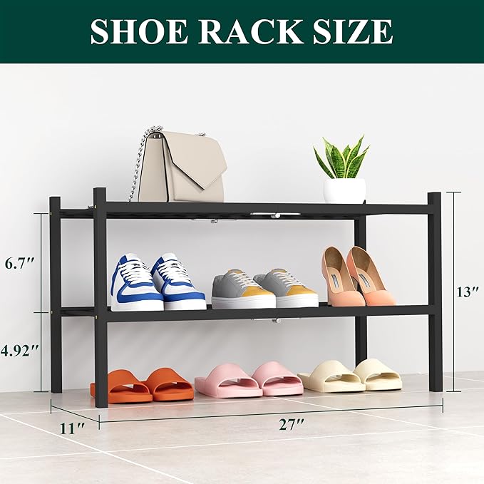 Smiry Shoe Rack, 2 Tier Thick Bamboo Shoe Organizer, Stackable Free Standing Wooden Shoe Storage Shelf for Closet, Entryway, 
