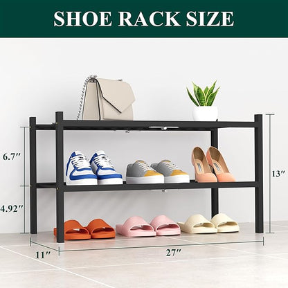 Smiry Shoe Rack, 2 Tier Thick Bamboo Shoe Organizer, Stackable Free Standing Wooden Shoe Storage Shelf for Closet, Entryway, 