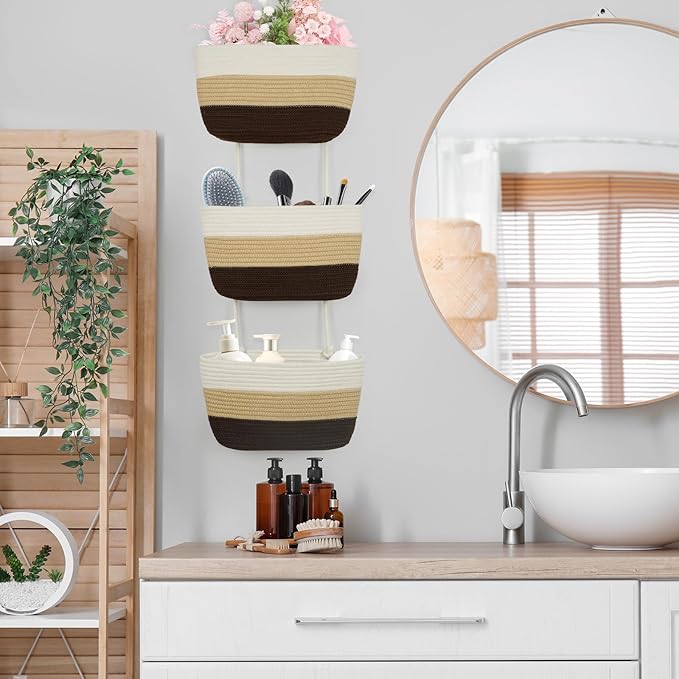 TeoKJ Over the Door Hanging Basket, 3-Tier Woven Cotton Wall-Mounted Storage Organizer Bag Decorative Hanging Nursery Baskets