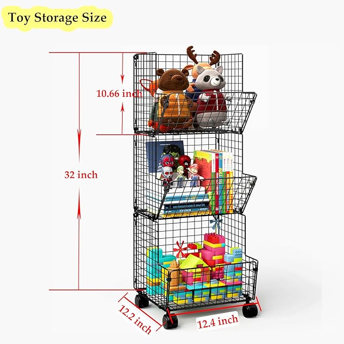 Sonyabecca Outdoor Toy Storage Basket, Play Kitchen Organizer with 5 S-Hooks,3 Tier Rolling Storage Cart Garage, Pantry Floor