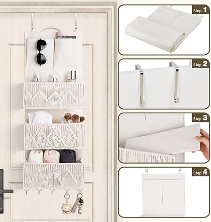 ANTIS'S HOME Over The Door Organizer Boho Bedroom Decor Nursery Storage with 3 Large Woven Pockets, Macrame Nursery Organizer