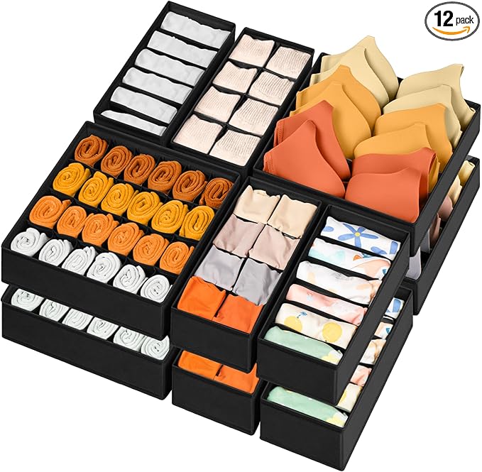 12 Pack Drawer Organizers, 116 Compartments Fabric Foldable Dresser Drawer Organizers for Clothing, Closet Organizers