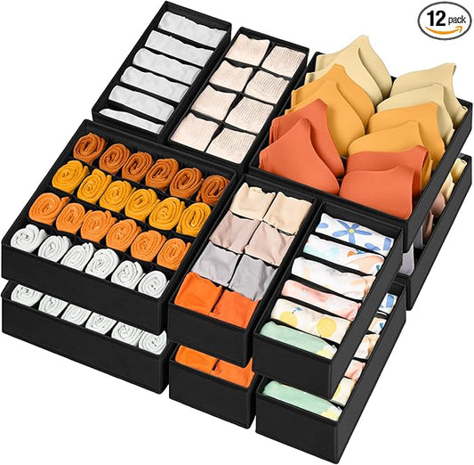 12 Pack Drawer Organizers, 116 Compartments Fabric Foldable Dresser Drawer Organizers for Clothing, Closet Organizers