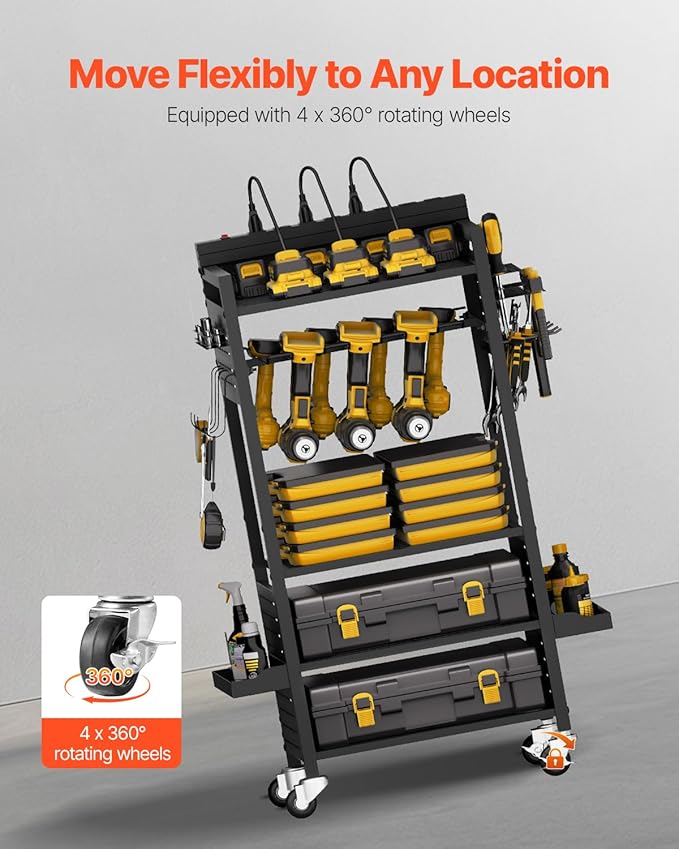VEVOR 5-Tier Tool Organizer Cart with Charging Station, 8 AC Outlet, Floor Stand Rolling Drill Holder and Tool Battery Storag