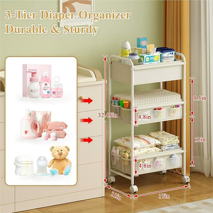 3-Tier Baby Diaper Caddy Cart Organizer,Mobile Nursery Storage Carts with Wheels,With 2 Dividers&14 Mesh Pockets Durable Meta