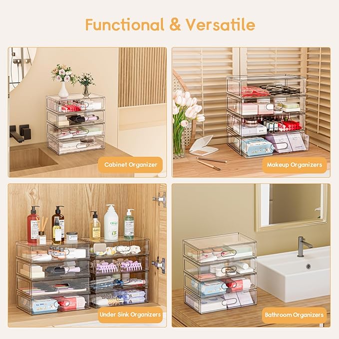 2 Pack Clear Makeup Storage Drawer, 12''W Stackable Bathroom Organizers and Storage Drawer, Acrylic Cosmetic Display Case For