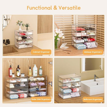 2 Pack Clear Makeup Storage Drawer, 12''W Stackable Bathroom Organizers and Storage Drawer, Acrylic Cosmetic Display Case For
