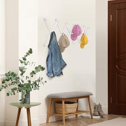 SCUNDA Accordion Wall Hanger with 20 Hooks, Wooden Wall Expandable Coat Rack for Coat, Hats, Baseball Caps, Coffee Mug, Jewel