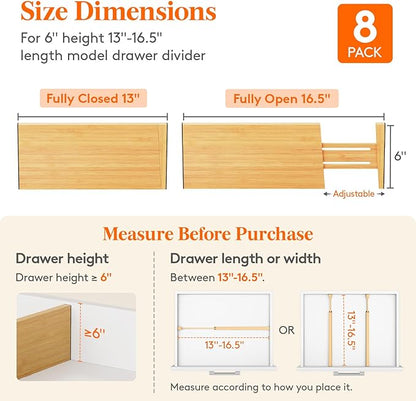 Lifewit 6" High 8 Pack Bamboo Drawer Dividers 33-42cm/13-16.5" Adjustable Wooden Drawer Organizer for Clothes/Utensils, Expan