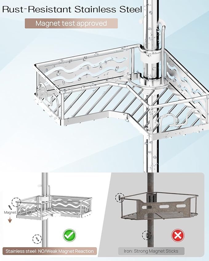 ALLZONE Corner Shower Caddy Tension Pole with 4 Repositionable Hang-On Baskets, Mixed-Height Shelves for Tall Bottles, 8 Dual