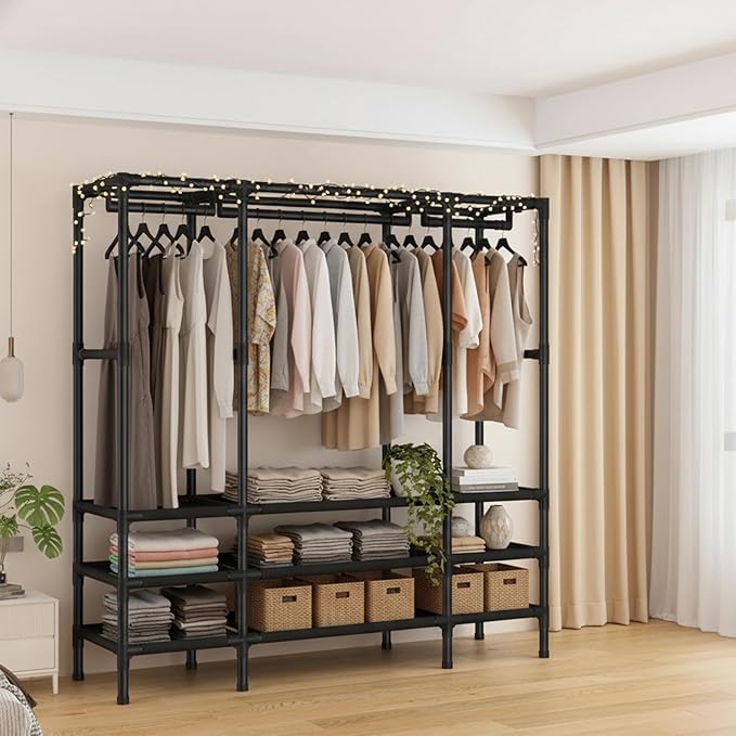 Portable Closet,Garment Rack,Heavy Duty Clothes Rack with Cover,Wardrobe Closet with 3 Hanging Rods, 6 Storage Shelves and 4 