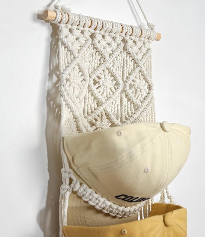 Boho Baseball Cap Hanger-1 Pack-Macrame Hat Organizer for Ball Caps Holder Over Door, Hat Rack for Wall, Cap Rack for Decorat
