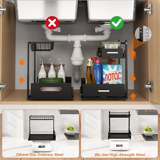 Under Sink Organizer,2 Tier Slide Out Kitchen Cabinet Organizers with Pulley,Under Bathroom Sink Pull Out Organizer with Mult
