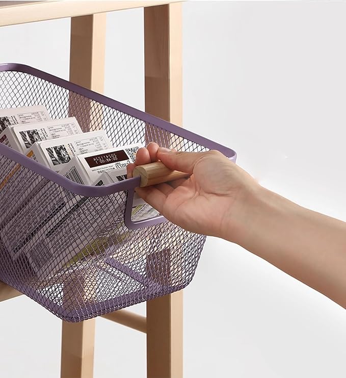 AJIODA Metal Mesh Steel Basket, Large Wire Storage Organizer Basket Multi-function Hanging Kitchen Baskets with Wood Handle f