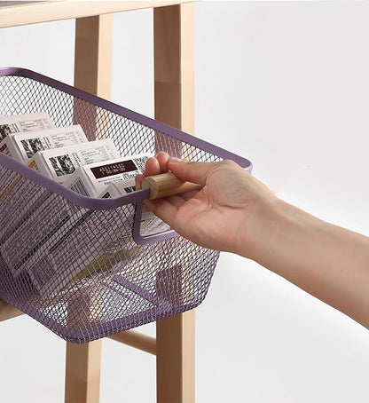 AJIODA Metal Mesh Steel Basket, Large Wire Storage Organizer Basket Multi-function Hanging Kitchen Baskets with Wood Handle f