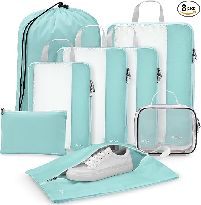 Gonex 8 Set Compression Packing Cubes for Travel, Expandable Mesh Packing Organizer for Travel Accessories Essentials with To